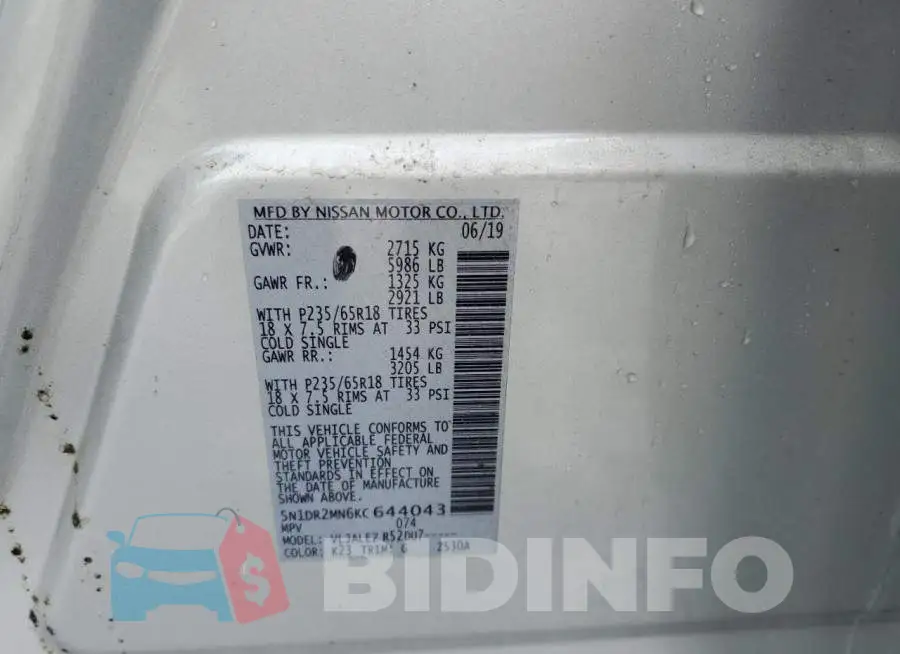 5N1DR2MN6KC644043 Photo# 12