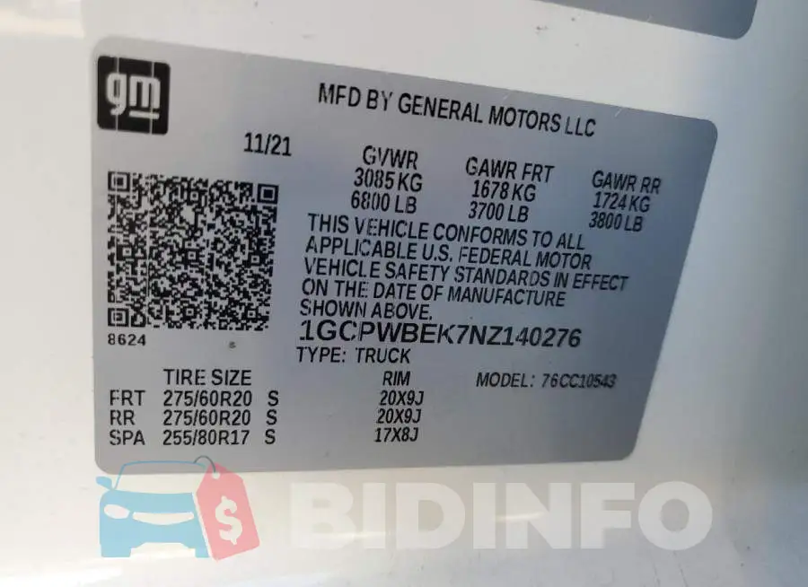 1GCPWBEK7NZ140276 Photo# 12