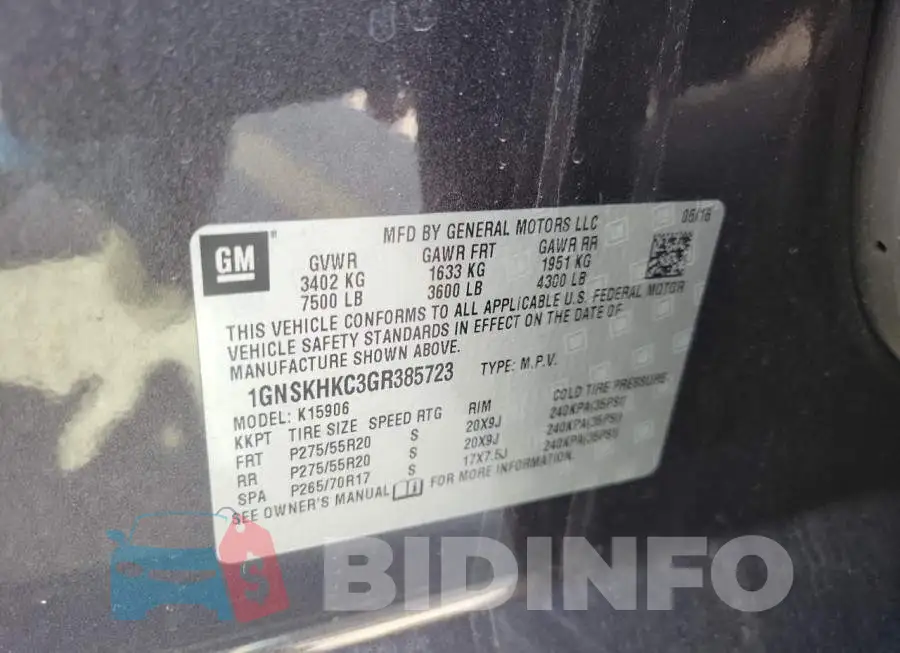 1GNSKHKC3GR385723 Photo# 10