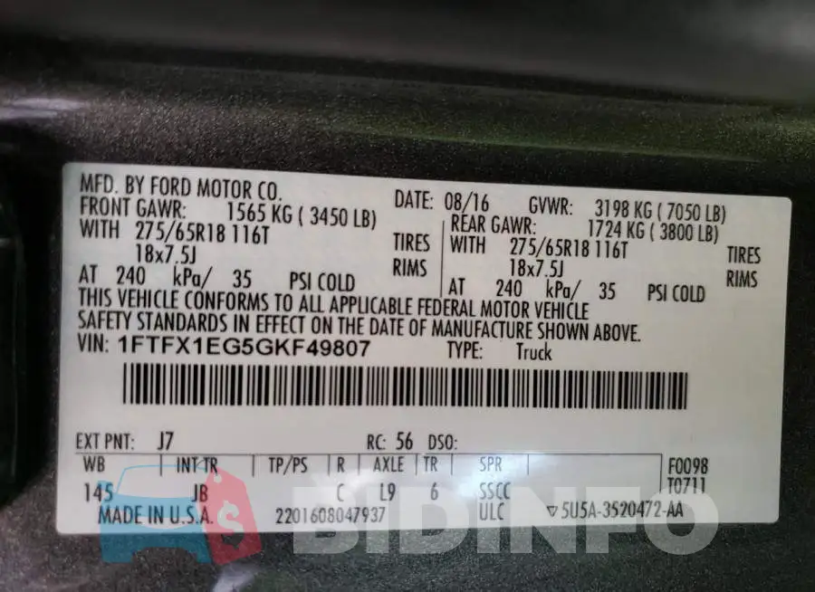 1FTFX1EG5GKF49807 Photo# 12