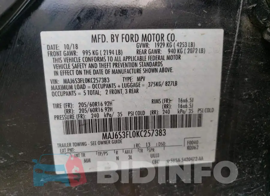 MAJ6S3FL0KC257383 Photo# 13