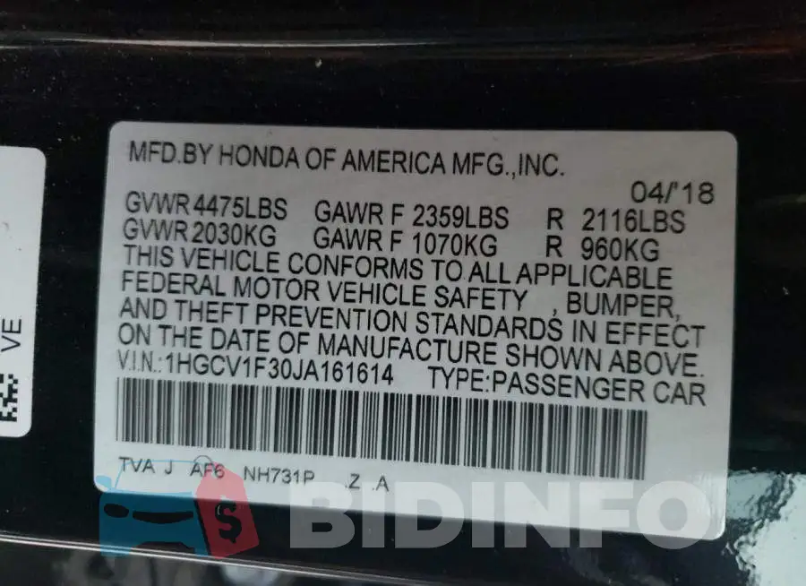 1HGCV1F30JA161614 Photo# 10