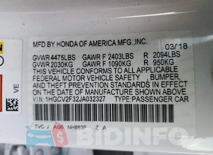 1HGCV2F32JA032327 Photo# 12