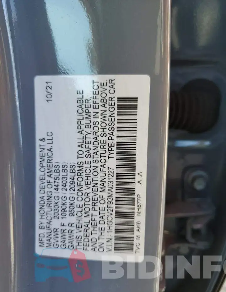 1HGCV2F93MA031227 Photo# 12