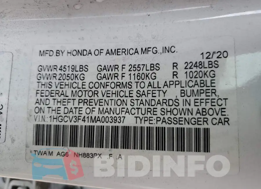 1HGCV3F41MA003937 Photo# 12