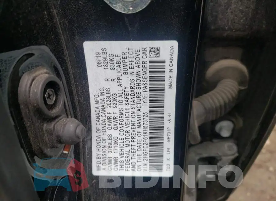 2HGFC2F61KH573725 Photo# 12
