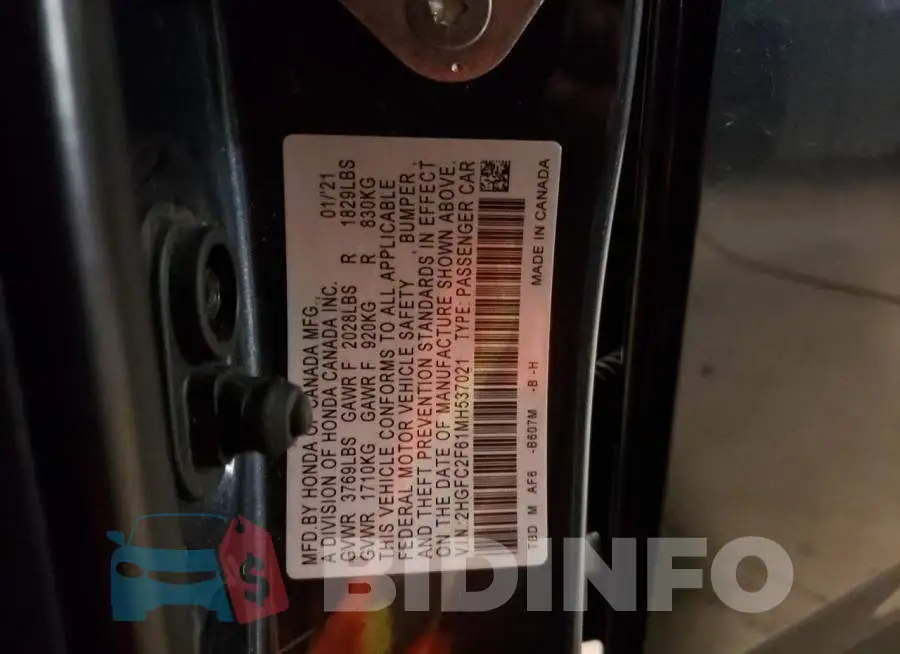 2HGFC2F61MH537021 Photo# 13