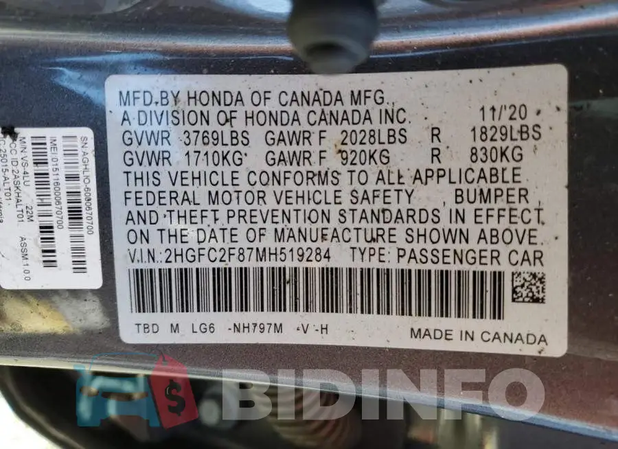 2HGFC2F87MH519284 Photo# 12