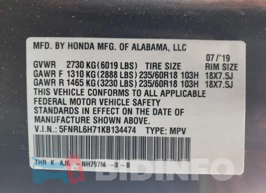 5FNRL6H71KB134474 Photo# 13