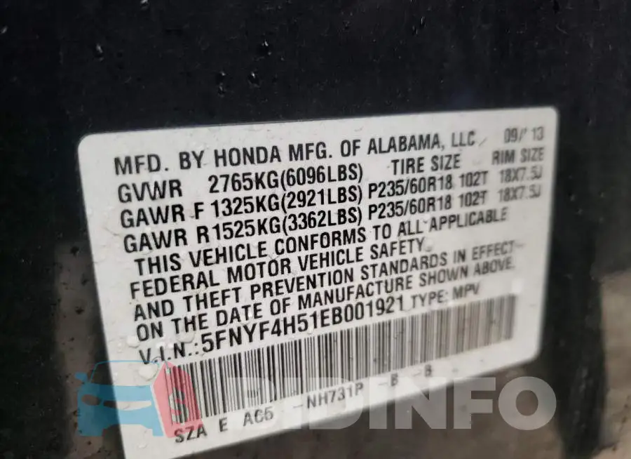 5FNYF4H51EB001921 Photo# 13