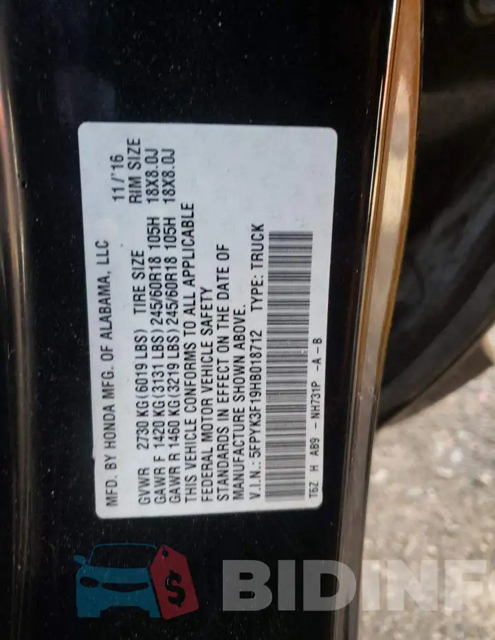5FPYK3F19HB018712 Photo# 13