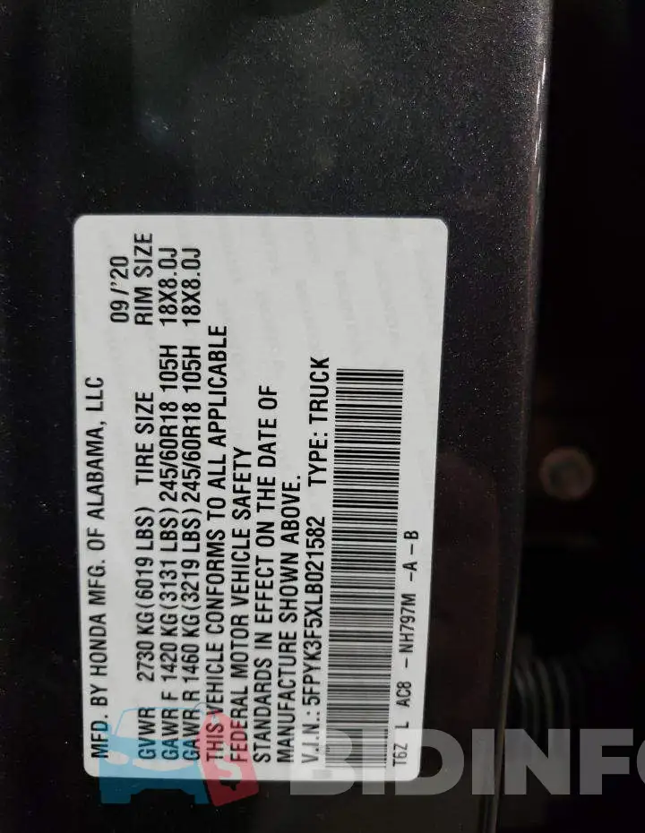5FPYK3F5XLB021582 Photo# 12