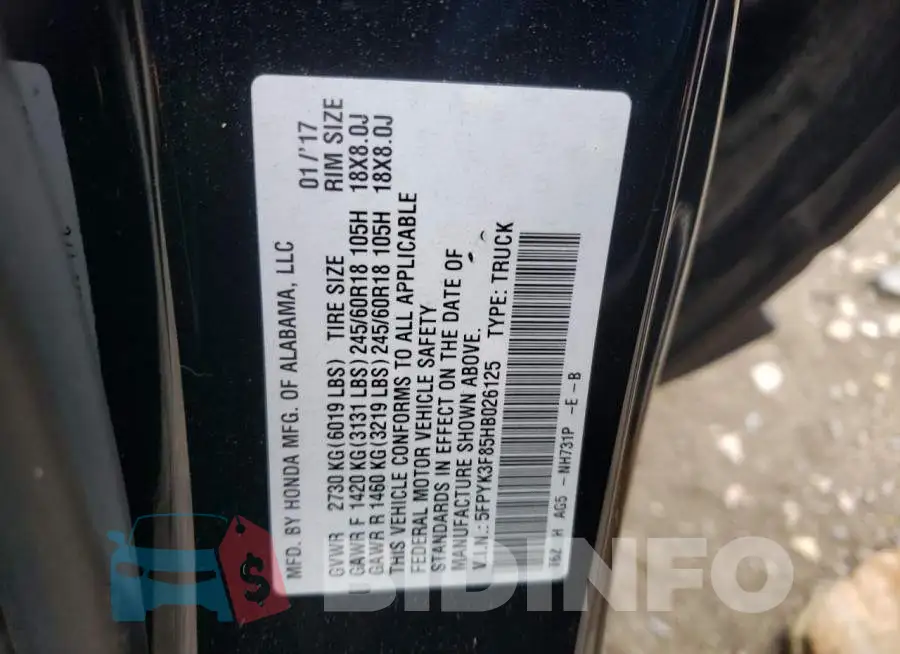 5FPYK3F85HB026125 Photo# 13
