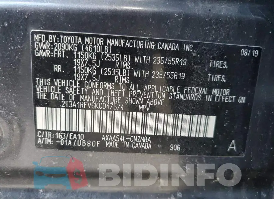 2T3A1RFV6KC047574 Photo# 13