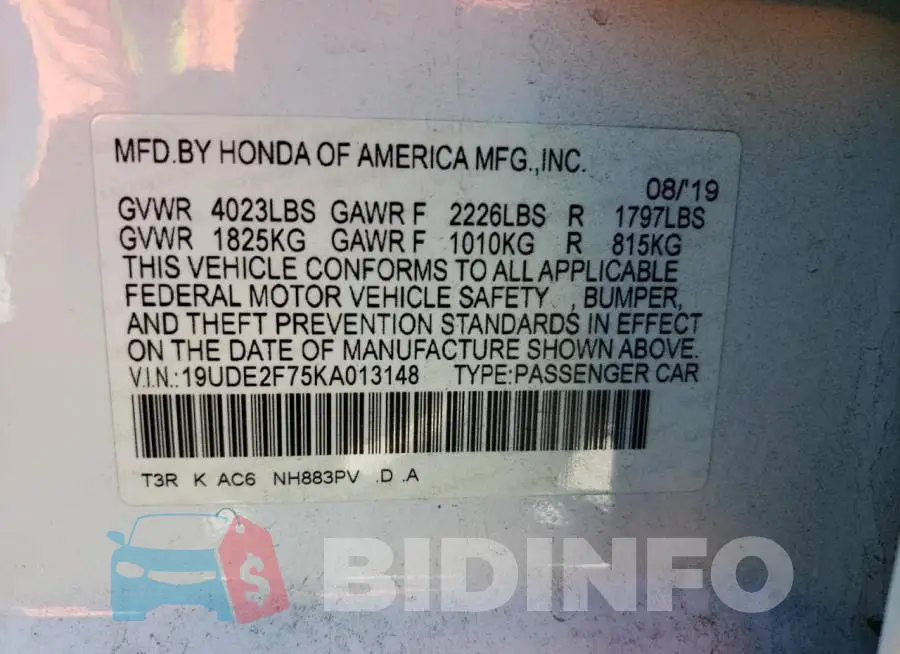 19UDE2F75KA013148 Photo# 12