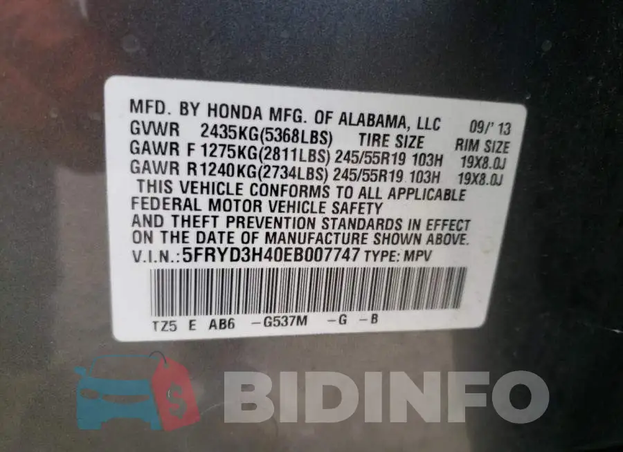 5FRYD3H40EB007747 Photo# 10