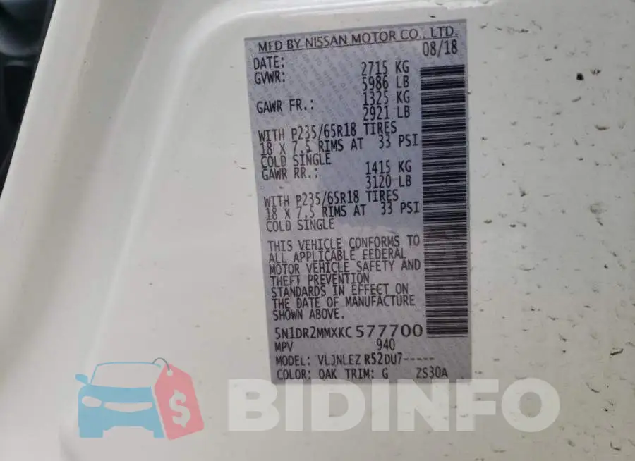 5N1DR2MMXKC577700 Photo# 14