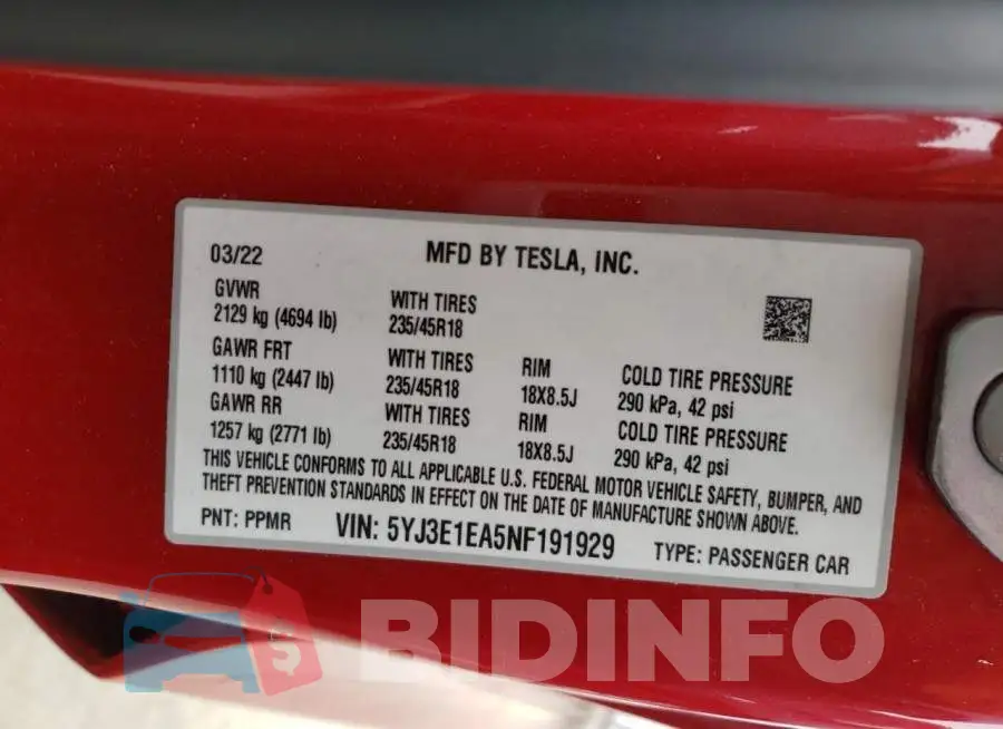 5YJ3E1EA5NF191929 Photo# 13