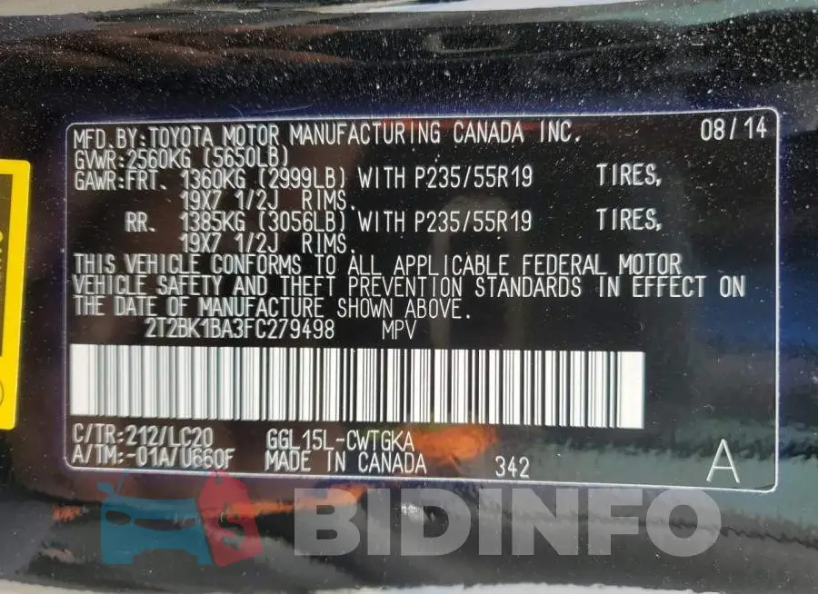 2T2BK1BA3FC279498 Photo# 12