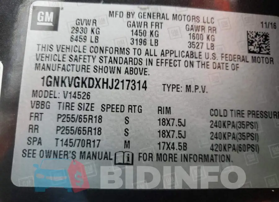 1GNKVGKDXHJ217314 Photo# 13