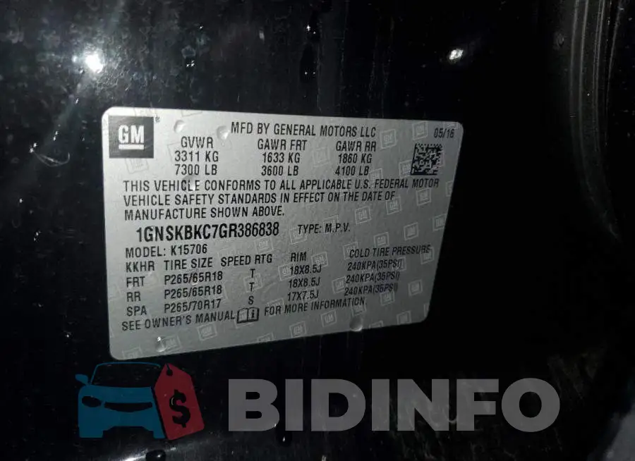 1GNSKBKC7GR386838 Photo# 12