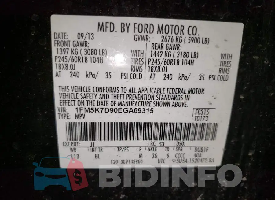 1FM5K7D90EGA69315 Photo# 13
