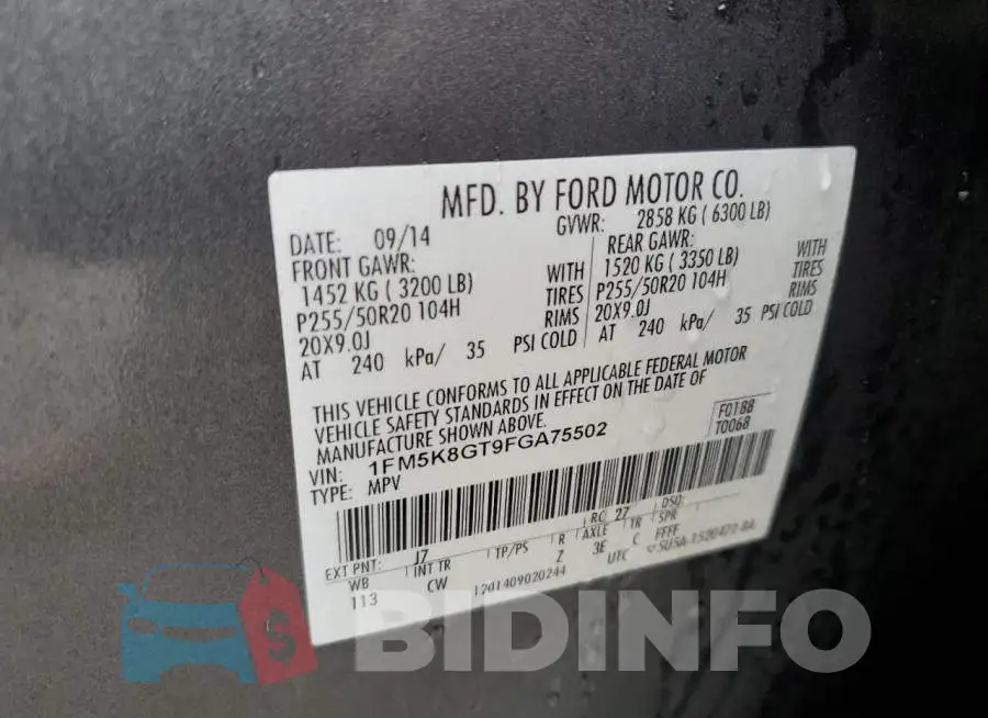 1FM5K8GT9FGA75502 Photo# 13