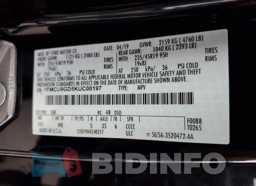 1FMCU9GD5KUC00197 Photo# 10