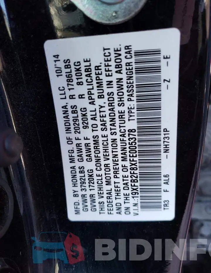 19XFB2F8XFE005378 Photo# 12