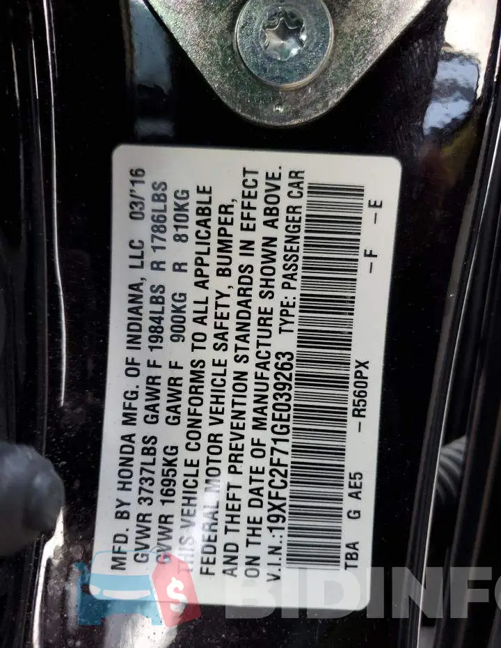19XFC2F71GE039263 Photo# 12