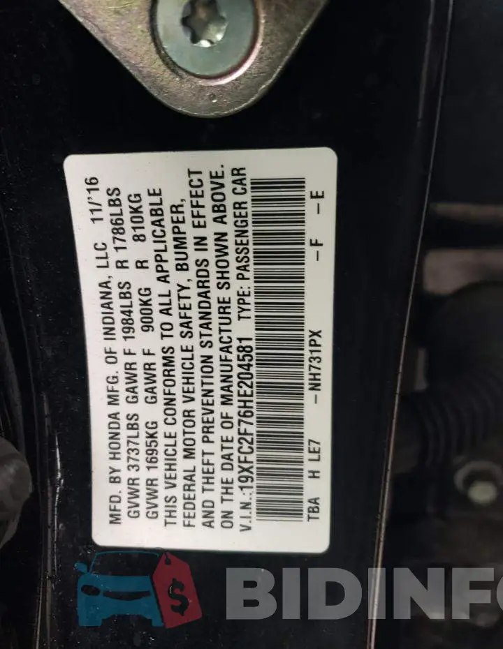 19XFC2F76HE204581 Photo# 12