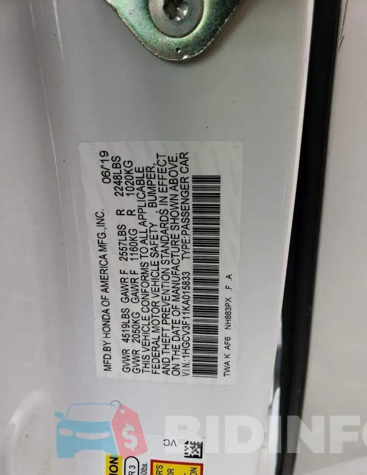 1HGCV3F11KA015833 Photo# 12
