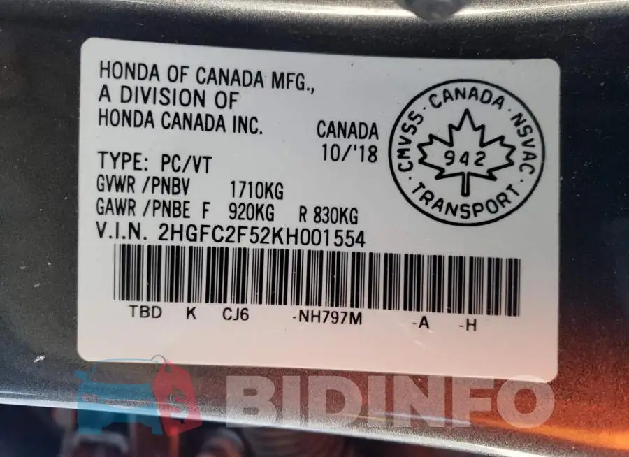 2HGFC2F52KH001554 Photo# 12