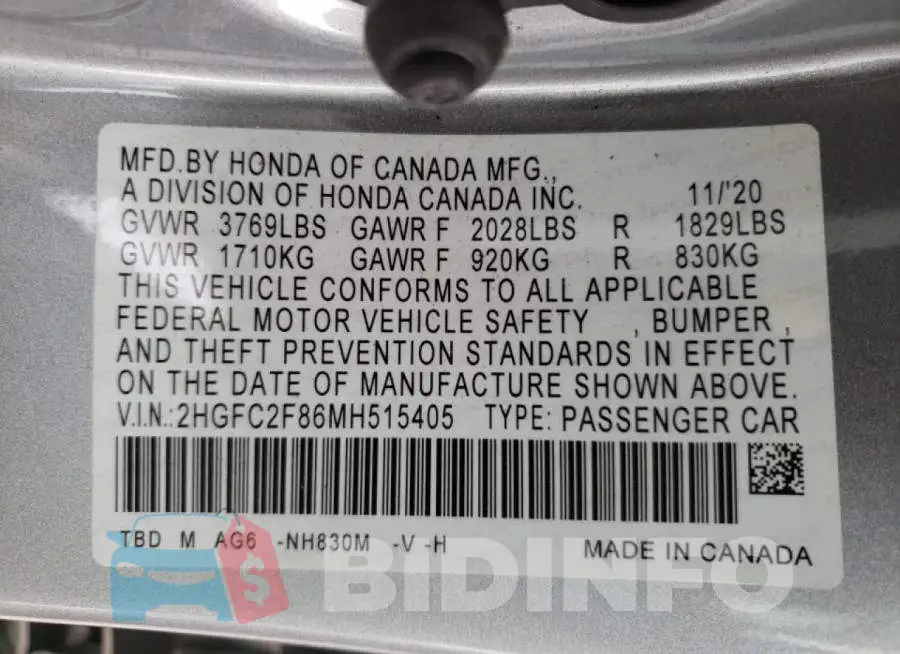 2HGFC2F86MH515405 Photo# 12