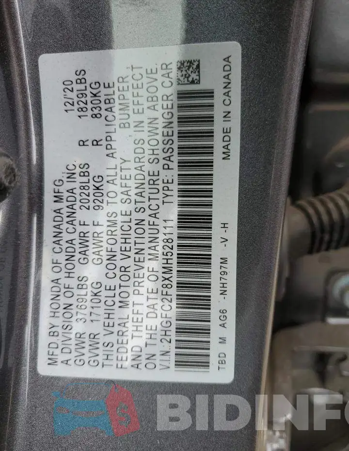 2HGFC2F8XMH528111 Photo# 12
