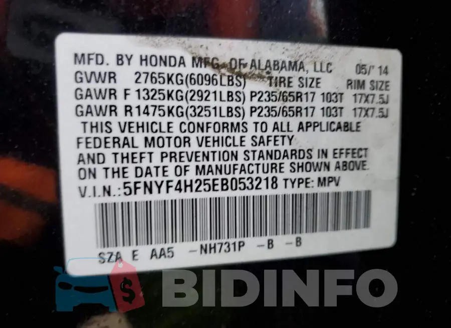 5FNYF4H25EB053218 Photo# 13