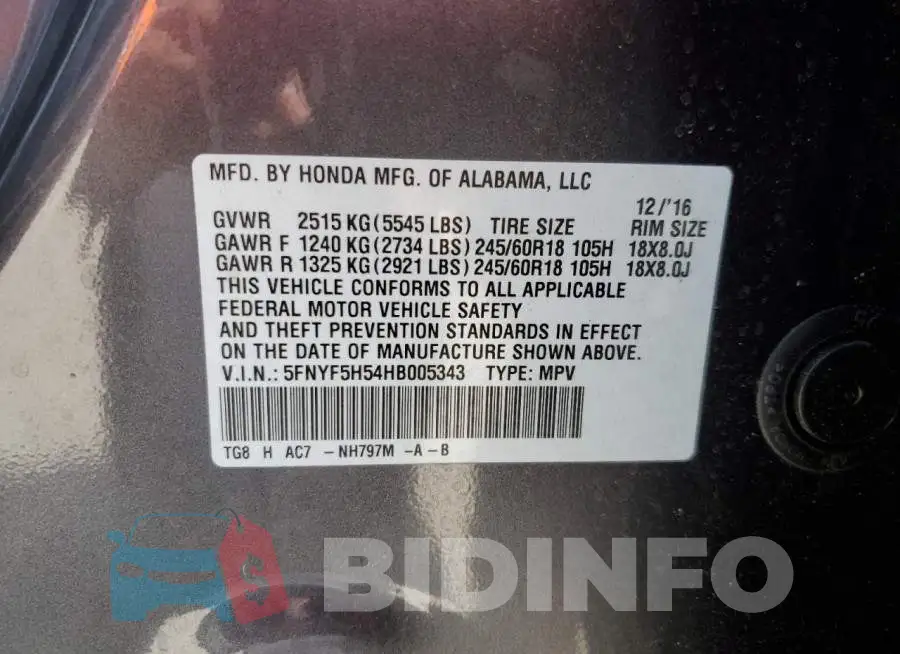 5FNYF5H54HB005343 Photo# 13
