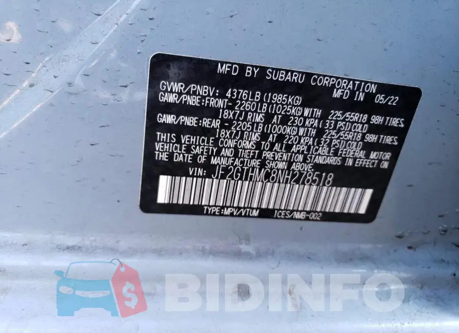 JF2GTHMC8NH278518 Photo# 13