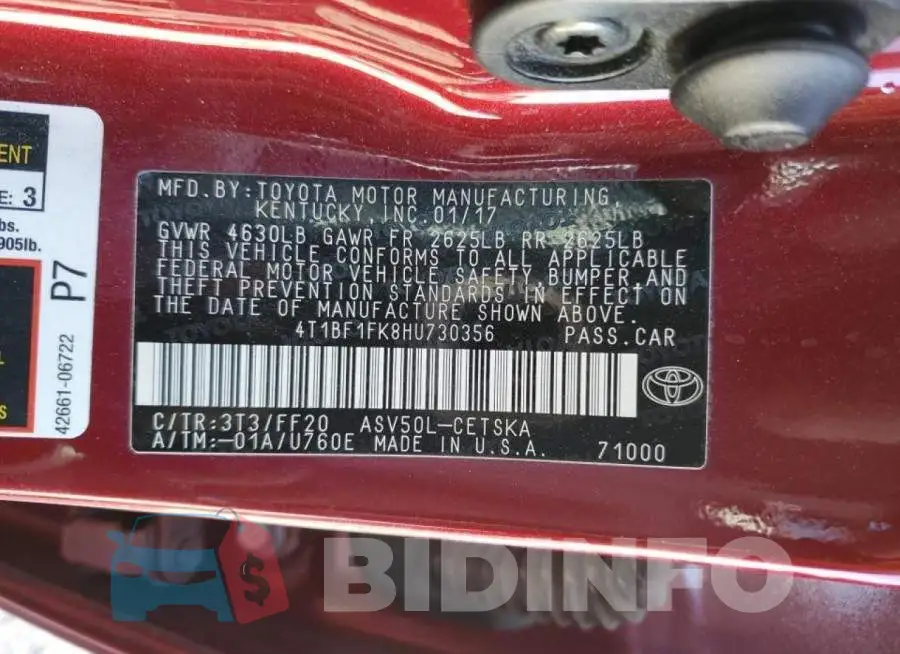4T1BF1FK8HU730356 Photo# 12