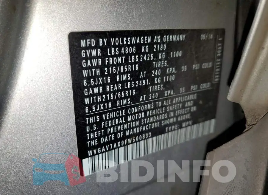 WVGAV7AX9FW500833 Photo# 12