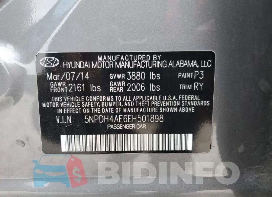 5NPDH4AE6EH501898 Photo# 12