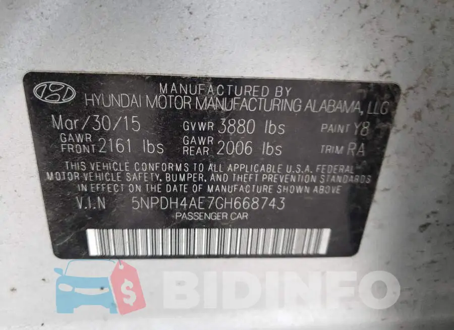 5NPDH4AE7GH668743 Photo# 12