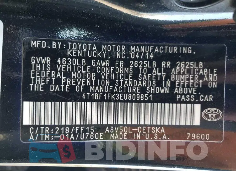 4T1BF1FK3EU809851 Photo# 12