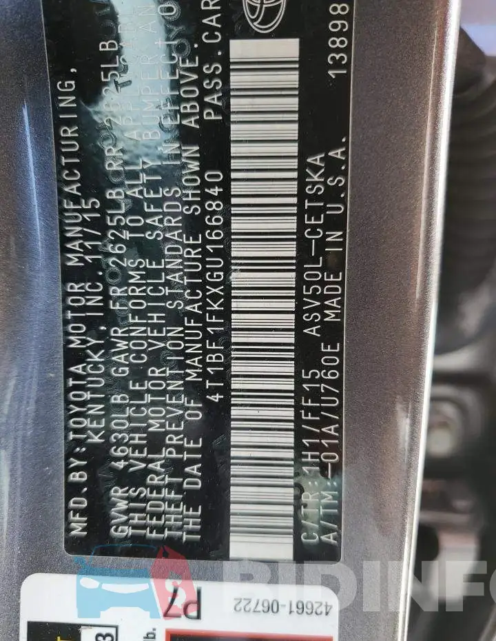 4T1BF1FKXGU166840 Photo# 10