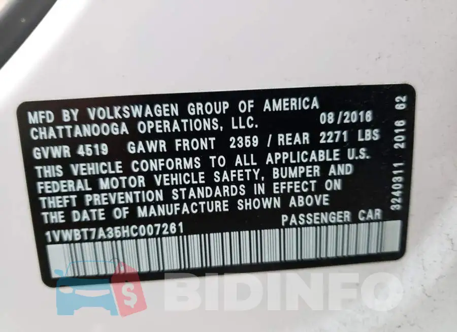 1VWBT7A35HC007261 Photo# 12