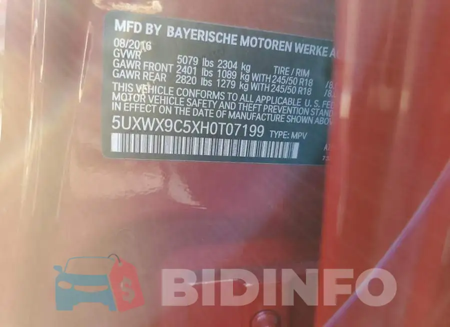 5UXWX9C5XH0T07199 Photo# 13