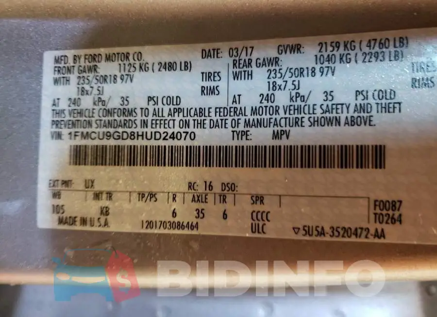 1FMCU9GD8HUD24070 Photo# 14