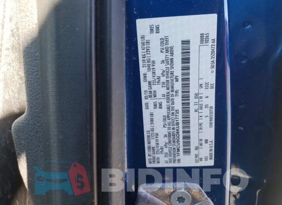 1FMCU9GD8KUB17735 Photo# 13