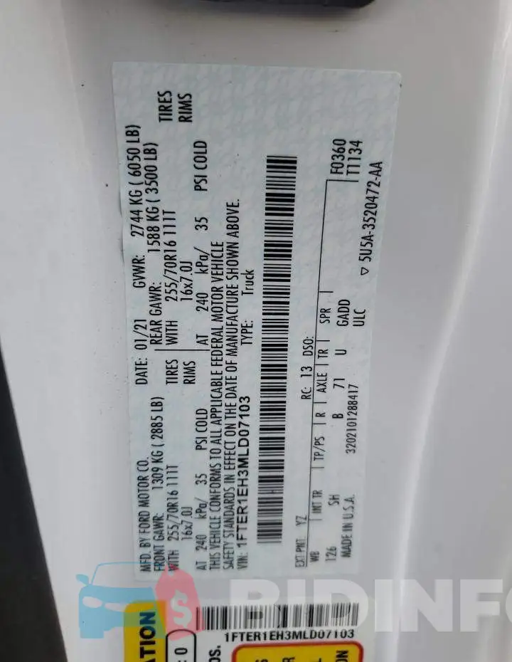 1FTER1EH3MLD07103 Photo# 12