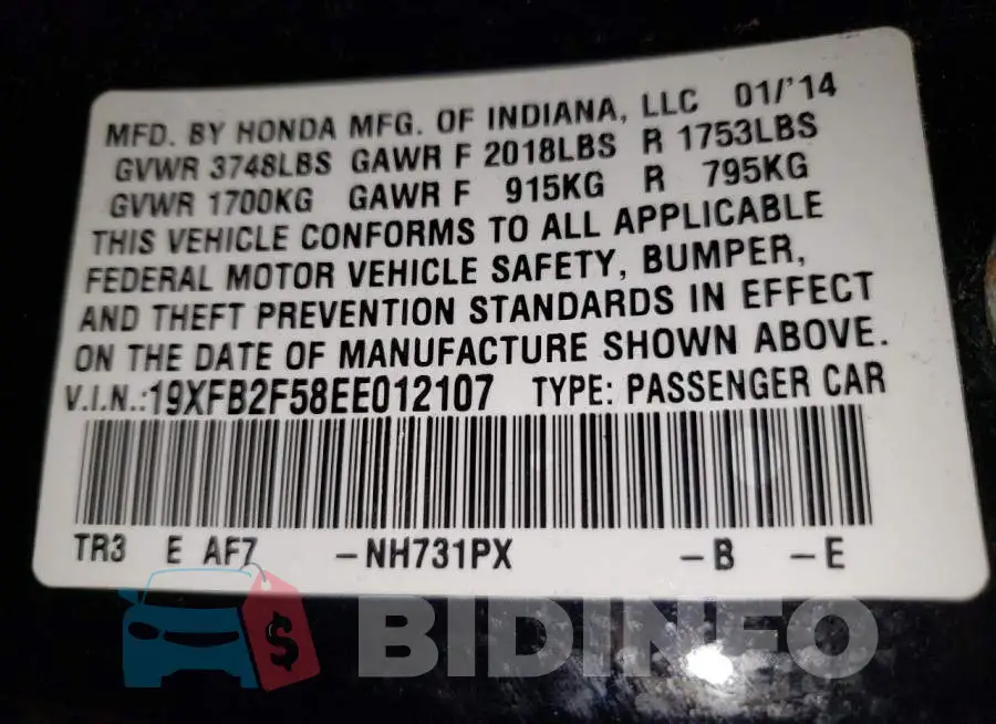 19XFB2F58EE012107 Photo# 12